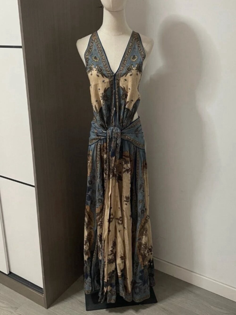 Zimmermann Beige and Blue Floral Tie-Waist Maxi Dress